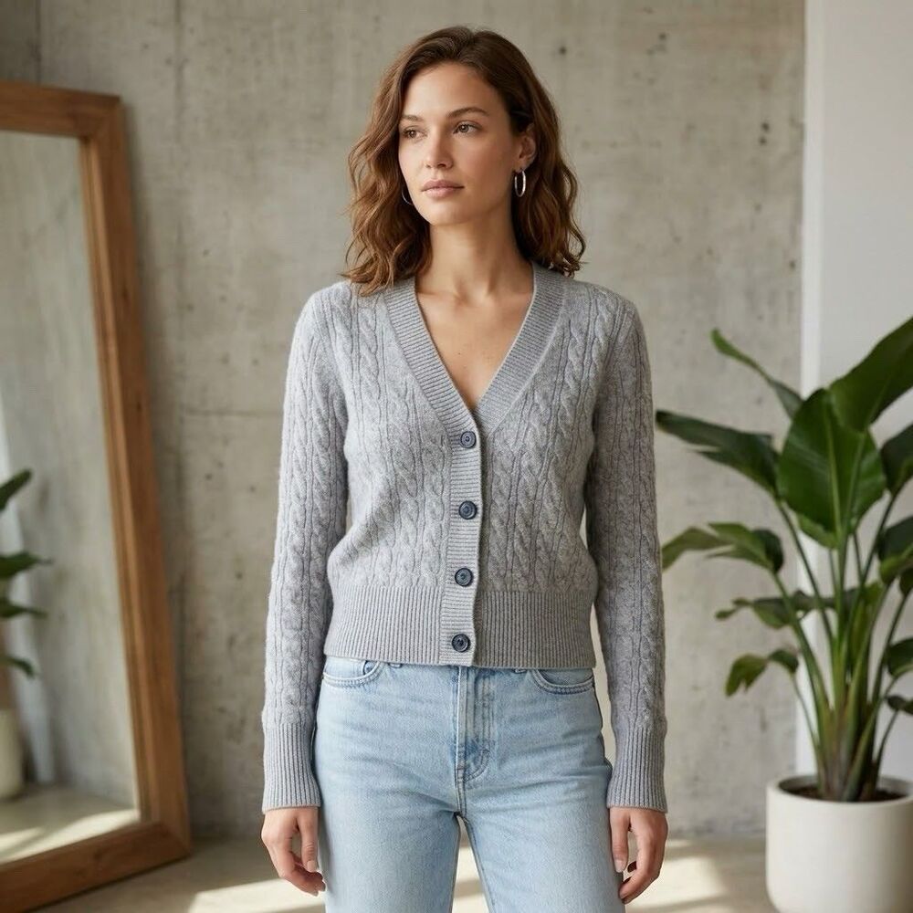 J.Crew Cashmere Cardigan Sweater Women's Small Gray Cable Knit V-Neck